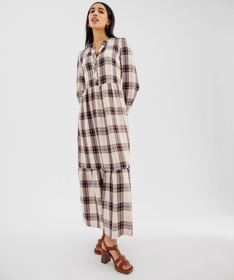 Robe chemise longue en viscose à carreaux femme
